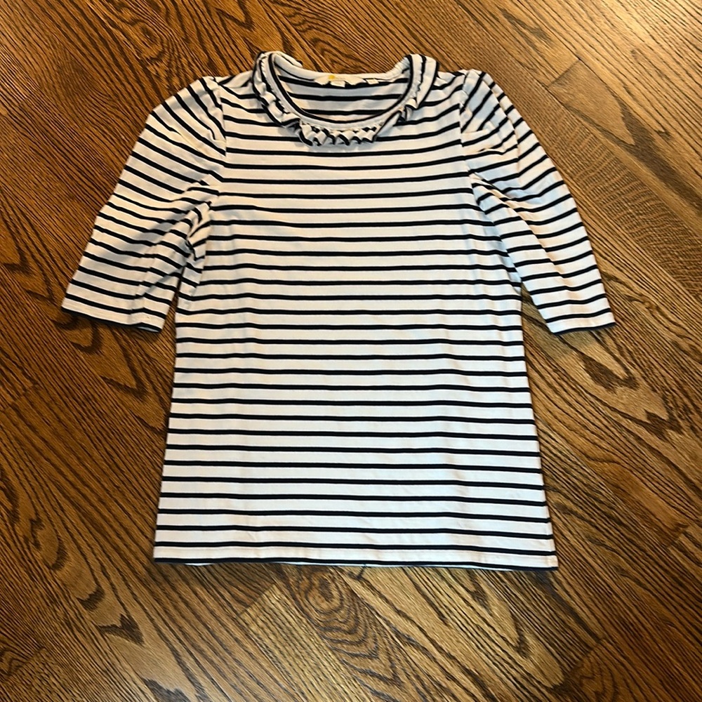 Boden Puff Sleeve Frill Neck T-Shirt Sz 6 Navy White